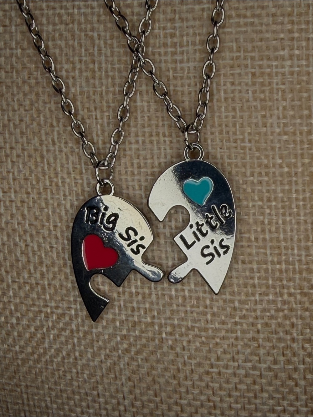 Big Sis Little Sis Silver Split Heart Pendant Necklace with Red & Teal Hearts